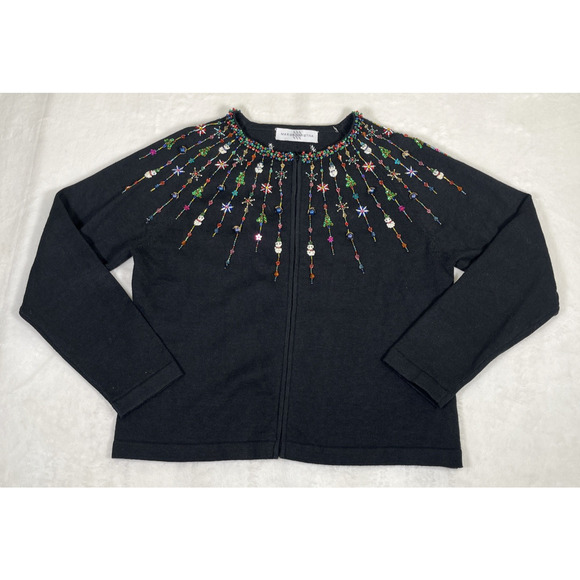 Vintage Marisa Christina Black Beaded Christmas Cardigan Sweater No Size Classy - Picture 1 of 12